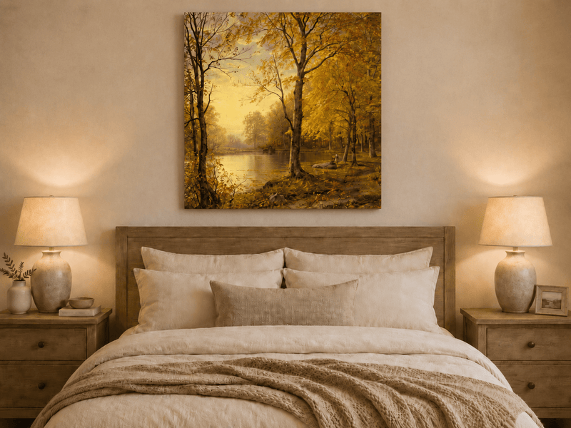 Landschaftsgemälde in Öl – Herbstlicher Waldsee und goldenes Laub