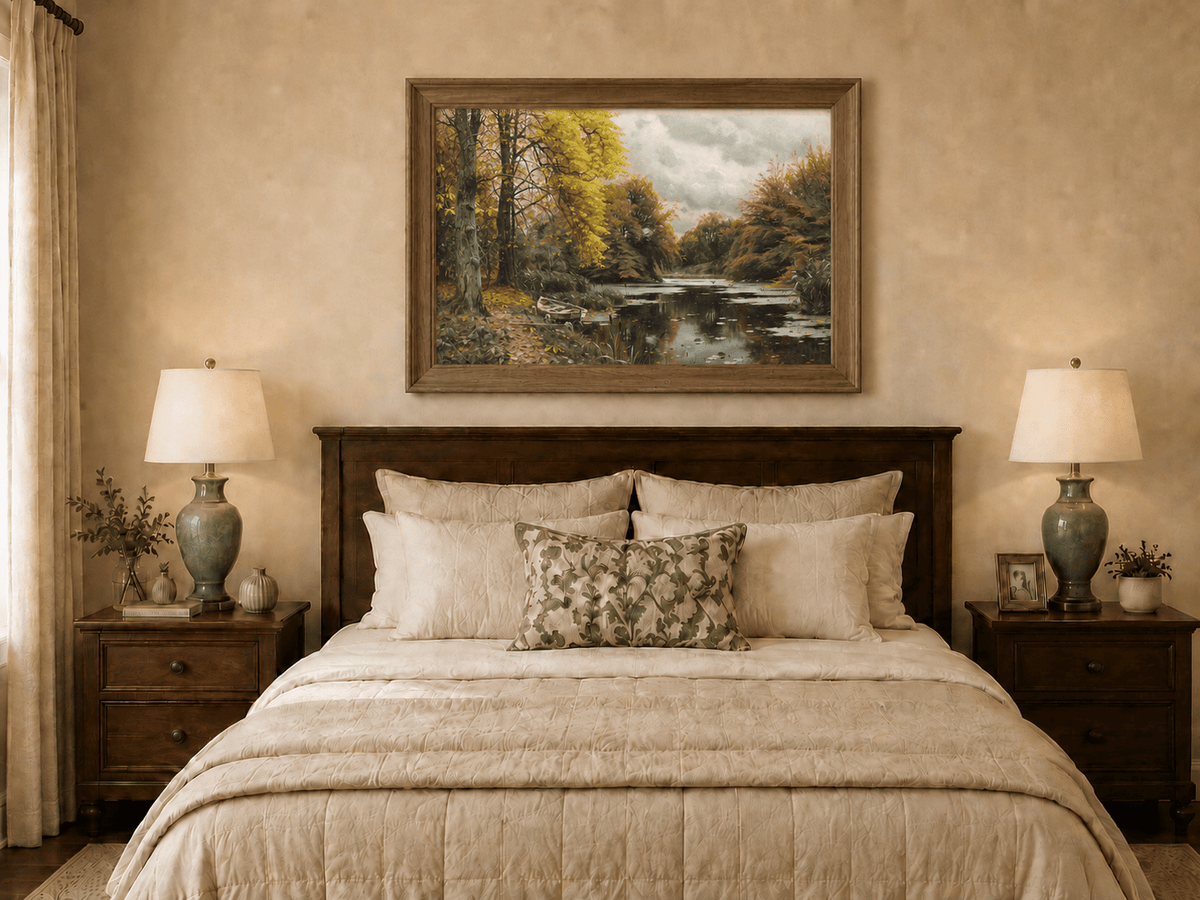 Landscape Oil Painting - Autumn Forest Lake with Boat