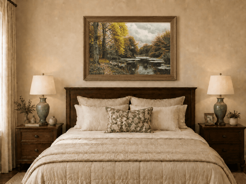 Landscape Oil Painting - Autumn Forest Lake with Boat
