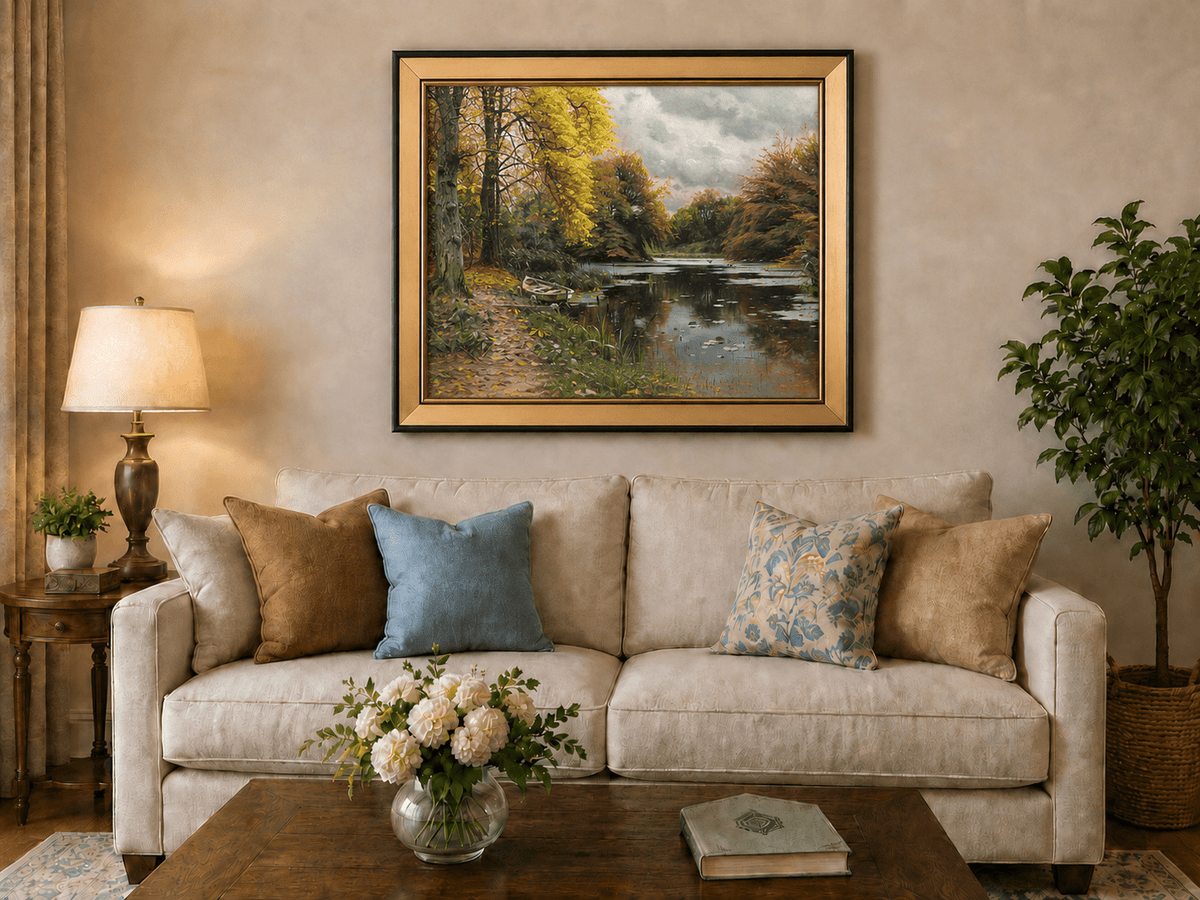 Landscape Oil Painting - Autumn Forest Lake with Boat