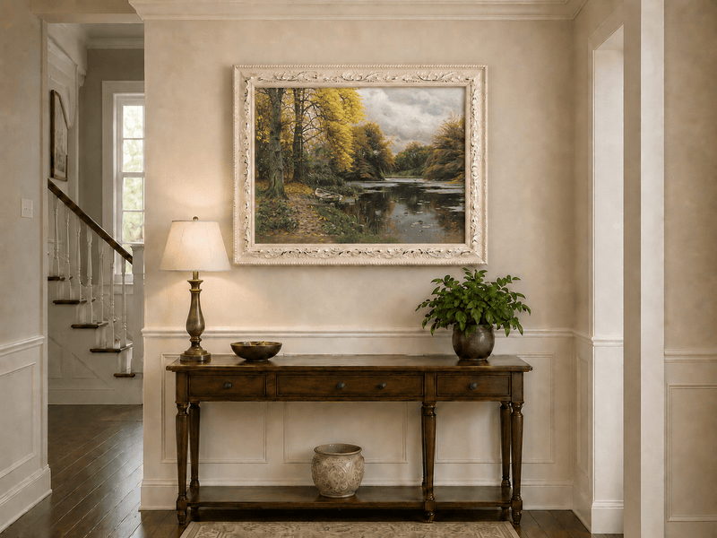 Landscape Oil Painting - Autumn Forest Lake with Boat