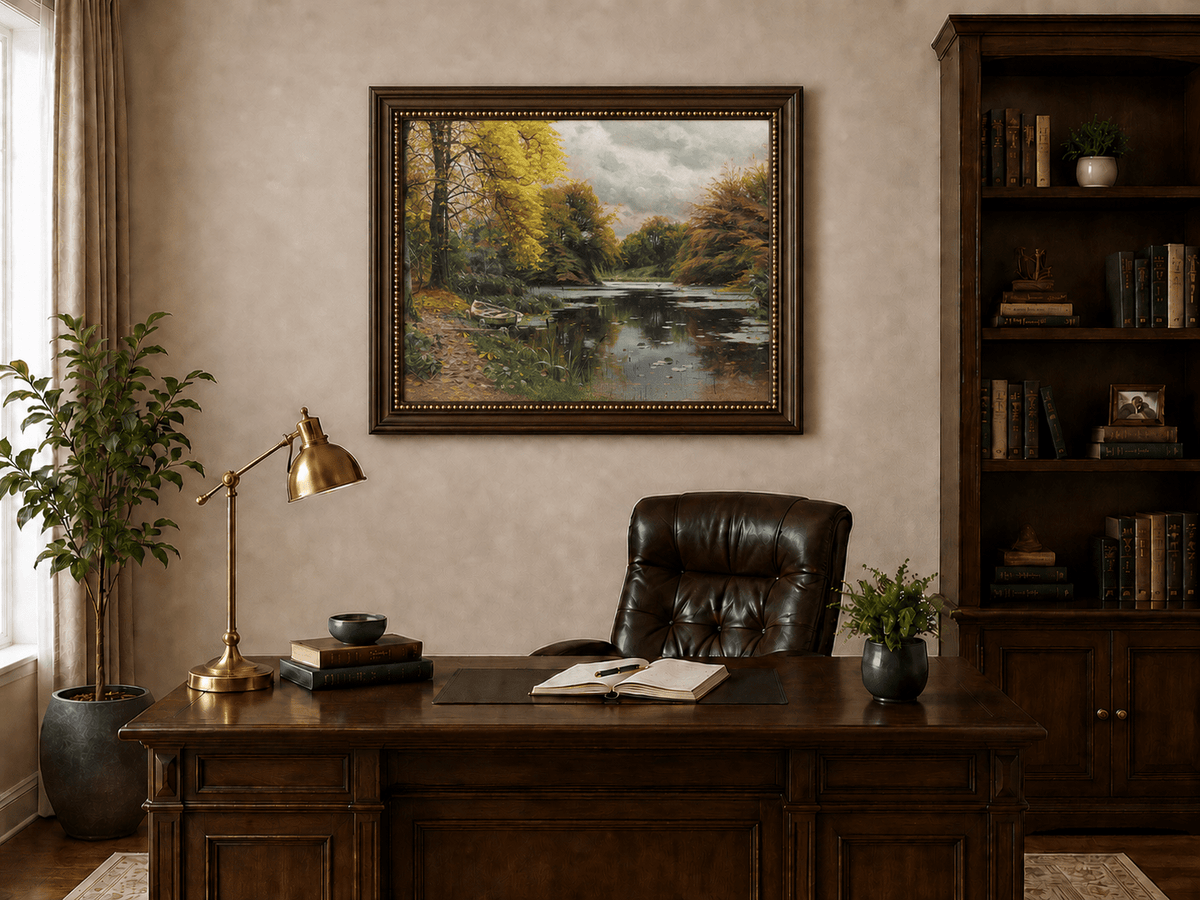 Landscape Oil Painting - Autumn Forest Lake with Boat