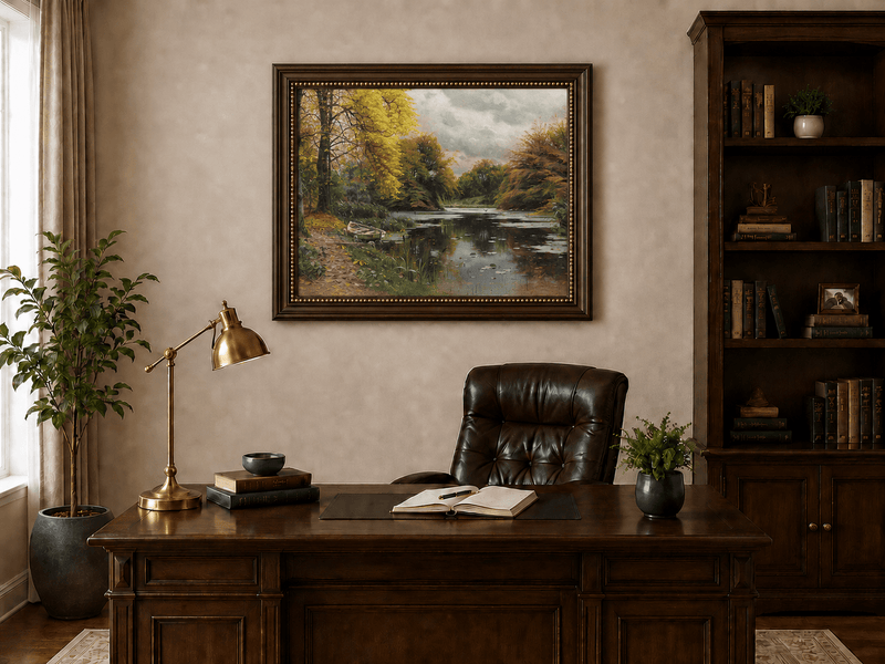 Landscape Oil Painting - Autumn Forest Lake with Boat