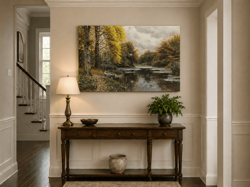 Landscape Oil Painting - Autumn Forest Lake with Boat