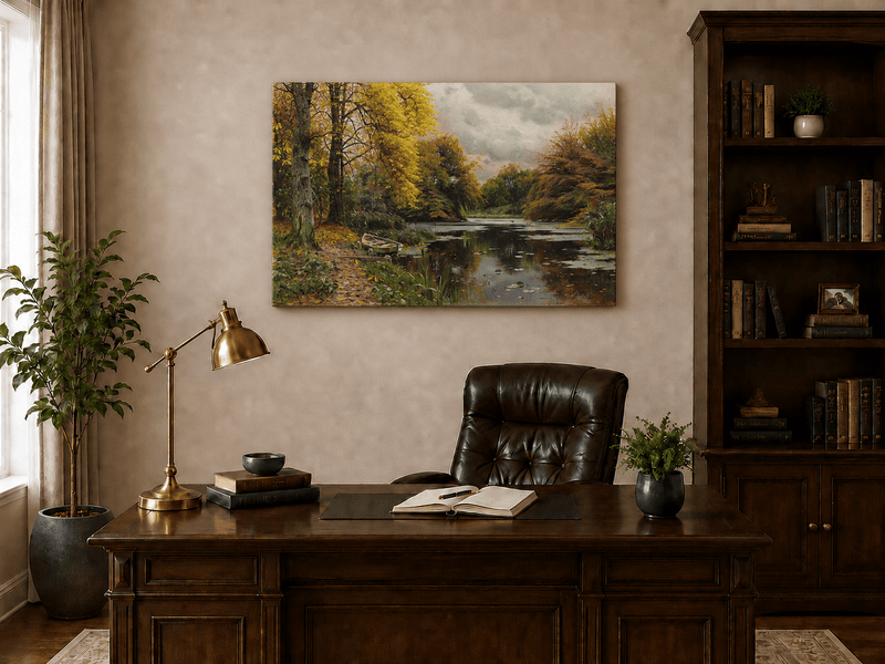 Landscape Oil Painting - Autumn Forest Lake with Boat