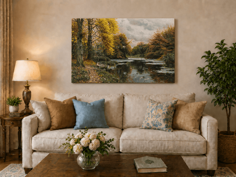 Landscape Oil Painting - Autumn Forest Lake with Boat