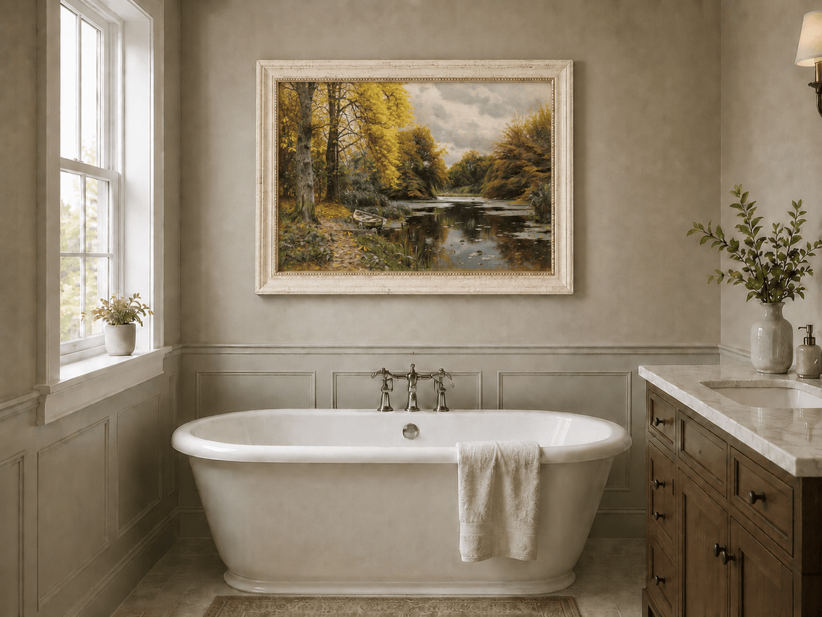 Landscape Oil Painting - Autumn Forest Lake with Boat