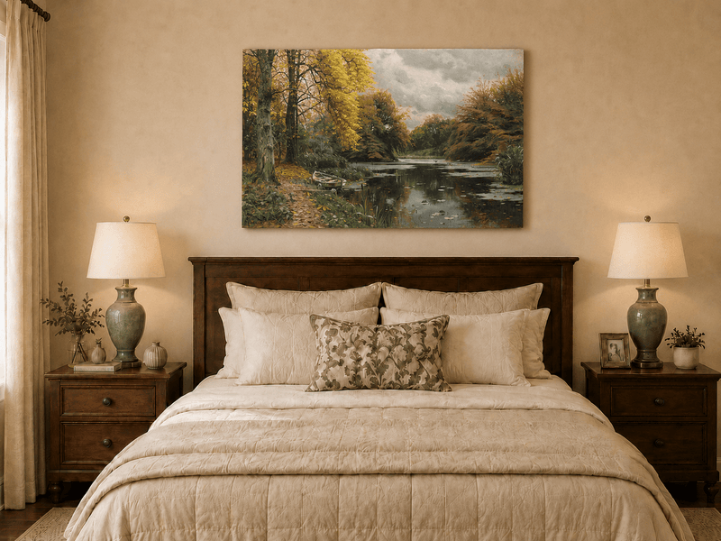 Landscape Oil Painting - Autumn Forest Lake with Boat