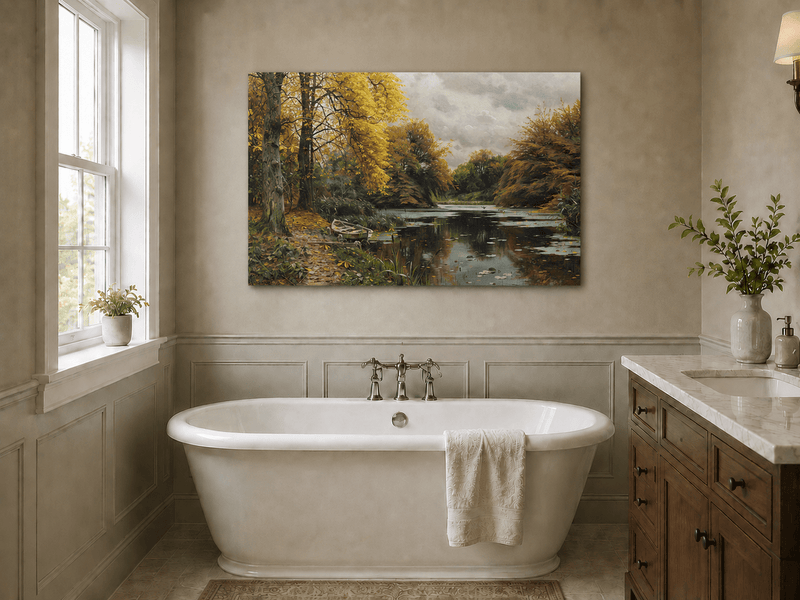 Landscape Oil Painting - Autumn Forest Lake with Boat