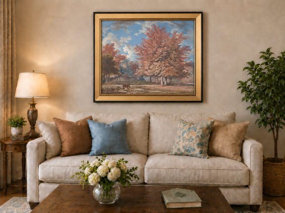 Hand-painted Autumn Forest Meadow with Horse landscape oil painting displayed as wall art in a styled interior