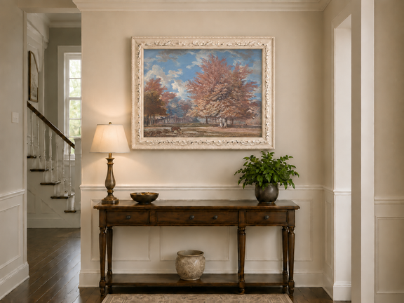 Hand-painted Autumn Forest Meadow with Horse landscape oil painting displayed as wall art in a styled interior