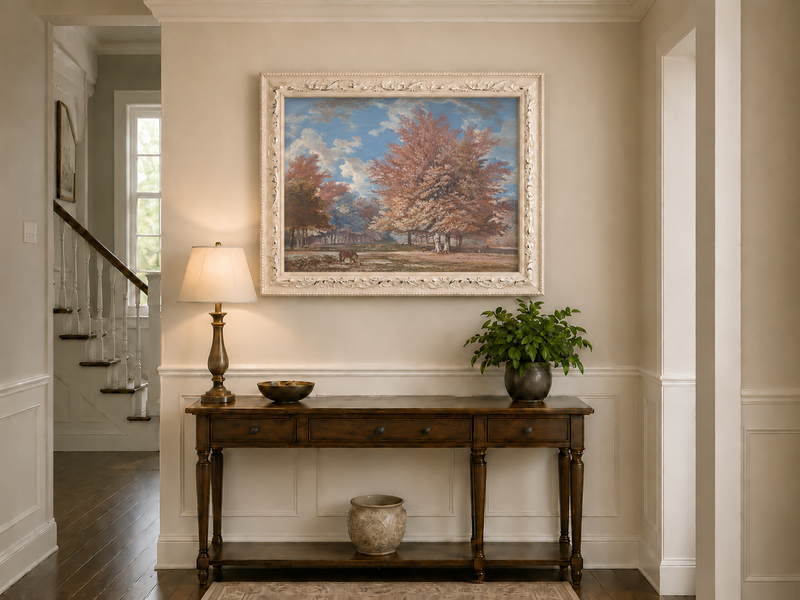Hand-painted Autumn Forest Meadow with Horse landscape oil painting displayed as wall art in a styled interior