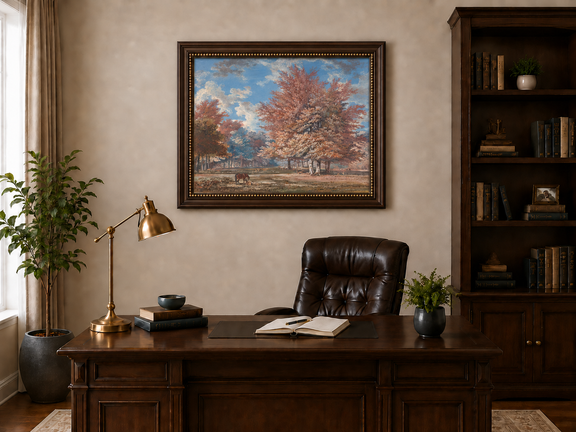 Hand-painted Autumn Forest Meadow with Horse landscape oil painting displayed as wall art in a styled interior