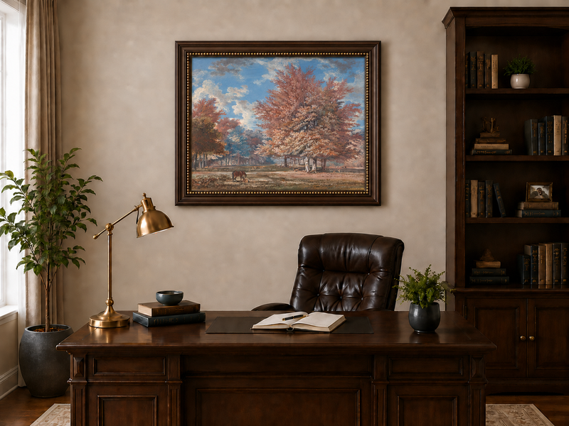 Hand-painted Autumn Forest Meadow with Horse landscape oil painting displayed as wall art in a styled interior