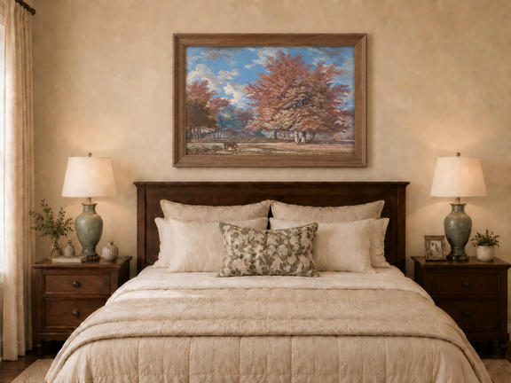 Hand-painted Autumn Forest Meadow with Horse landscape oil painting displayed as wall art in a styled interior