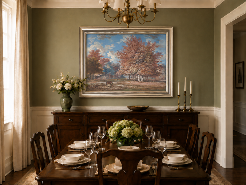 Hand-painted Autumn Forest Meadow with Horse landscape oil painting displayed as wall art in a styled interior
