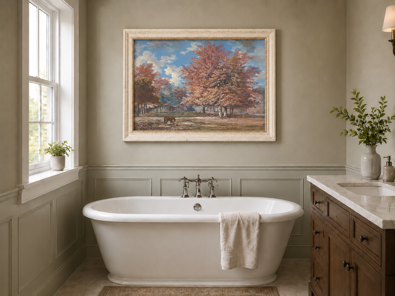 Hand-painted Autumn Forest Meadow with Horse landscape oil painting displayed as wall art in a styled interior