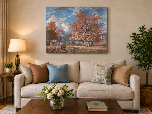 Hand-painted Autumn Forest Meadow with Horse landscape oil painting displayed as wall art in a styled interior