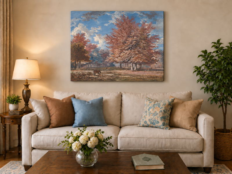 Hand-painted Autumn Forest Meadow with Horse landscape oil painting displayed as wall art in a styled interior