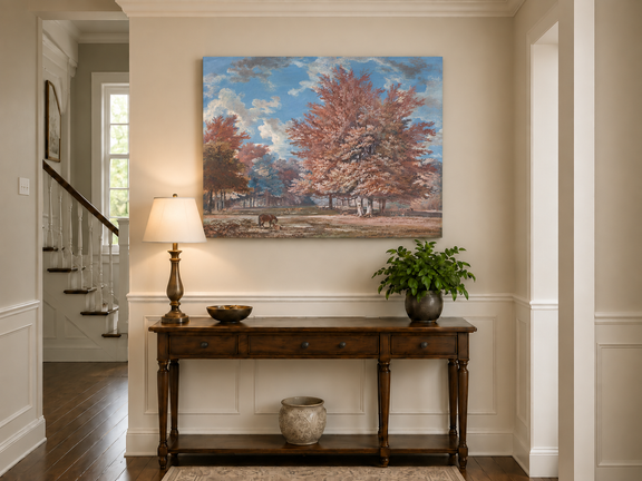 Hand-painted Autumn Forest Meadow with Horse landscape oil painting displayed as wall art in a styled interior