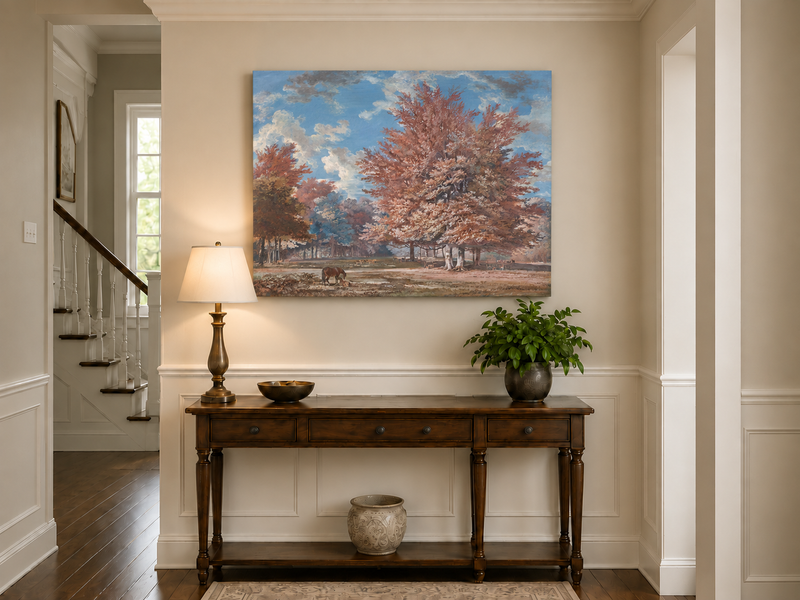 Hand-painted Autumn Forest Meadow with Horse landscape oil painting displayed as wall art in a styled interior