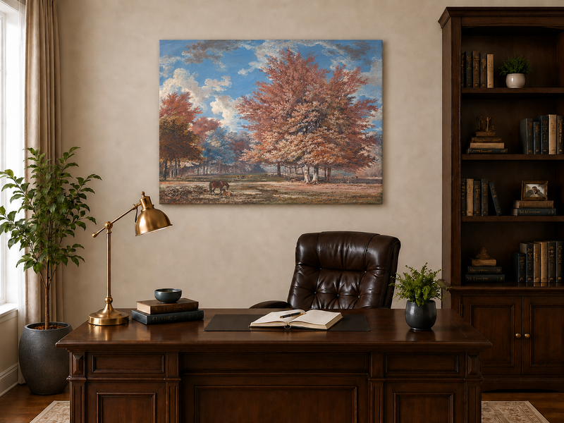 Hand-painted Autumn Forest Meadow with Horse landscape oil painting displayed as wall art in a styled interior