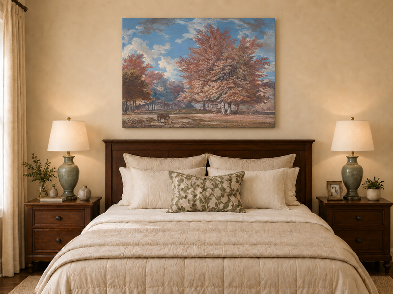 Hand-painted Autumn Forest Meadow with Horse landscape oil painting displayed as wall art in a styled interior