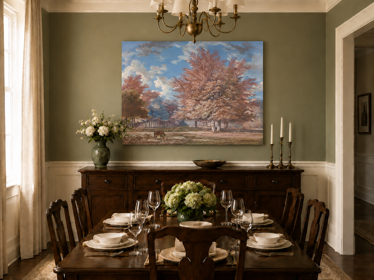 Hand-painted Autumn Forest Meadow with Horse landscape oil painting displayed as wall art in a styled interior