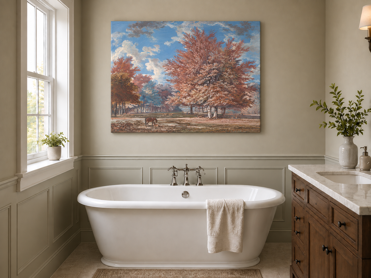 Hand-painted Autumn Forest Meadow with Horse landscape oil painting displayed as wall art in a styled interior