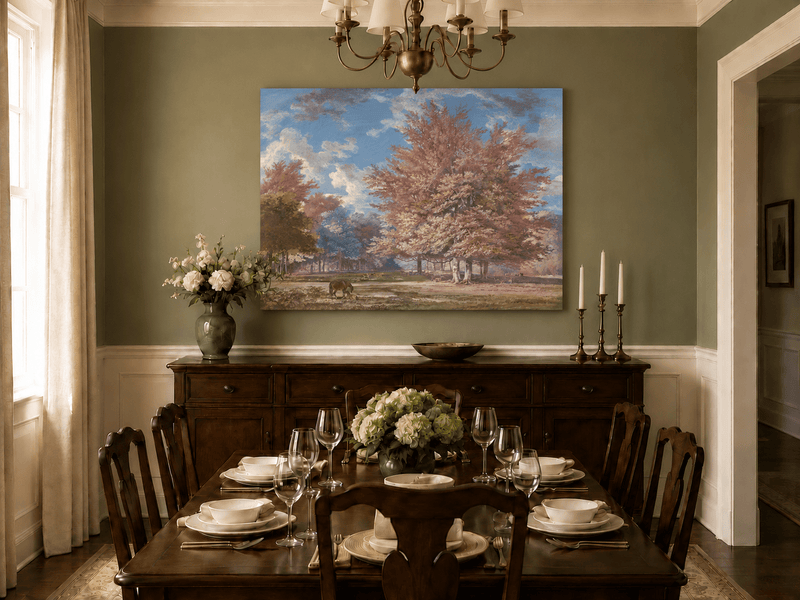 Hand-painted Autumn Forest Meadow with Horse landscape oil painting displayed as wall art in a styled interior
