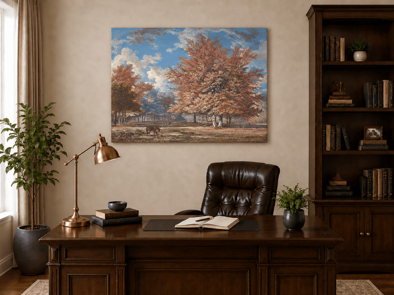 Hand-painted Autumn Forest Meadow with Horse landscape oil painting displayed as wall art in a styled interior
