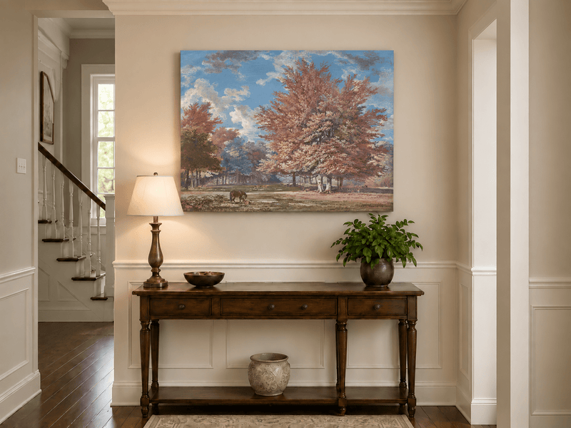 Hand-painted Autumn Forest Meadow with Horse landscape oil painting displayed as wall art in a styled interior