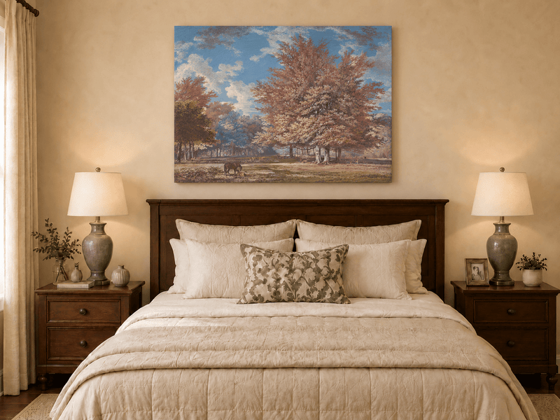 Hand-painted Autumn Forest Meadow with Horse landscape oil painting displayed as wall art in a styled interior