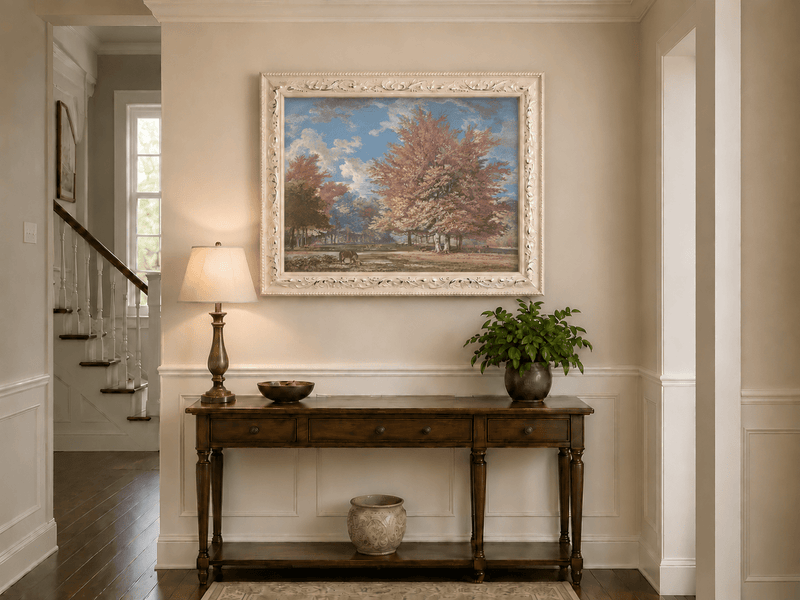 Hand-painted Autumn Forest Meadow with Horse landscape oil painting displayed as wall art in a styled interior