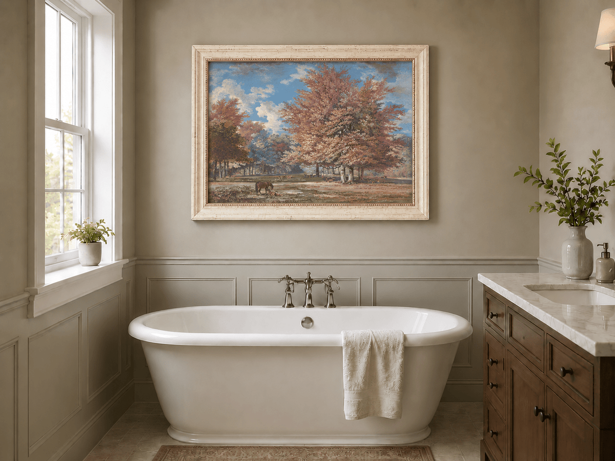 Hand-painted Autumn Forest Meadow with Horse landscape oil painting displayed as wall art in a styled interior