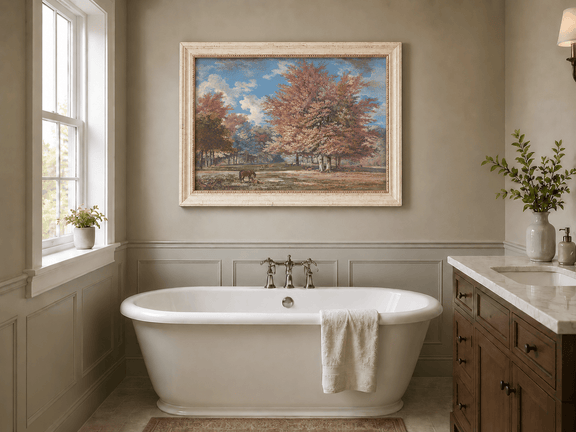 Hand-painted Autumn Forest Meadow with Horse landscape oil painting displayed as wall art in a styled interior