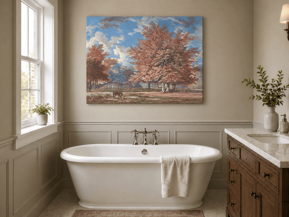 Hand-painted Autumn Forest Meadow with Horse landscape oil painting displayed as wall art in a styled interior