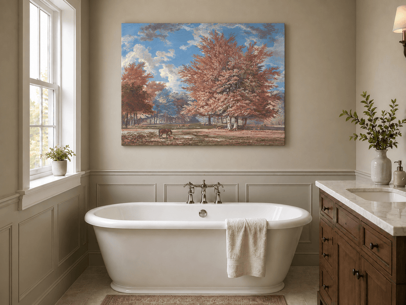 Hand-painted Autumn Forest Meadow with Horse landscape oil painting displayed as wall art in a styled interior