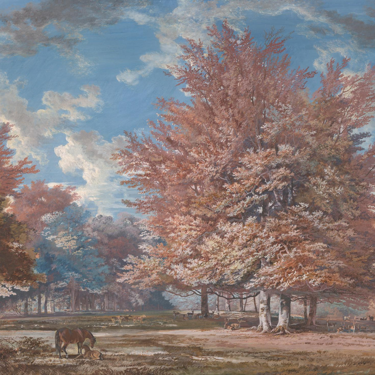 Hand-painted autumn forest meadow with horse landscape oil painting on canvas
