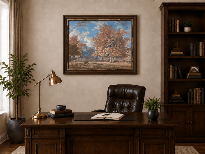 Hand-painted Autumn Forest Meadow with Horse landscape oil painting displayed as wall art in a styled interior