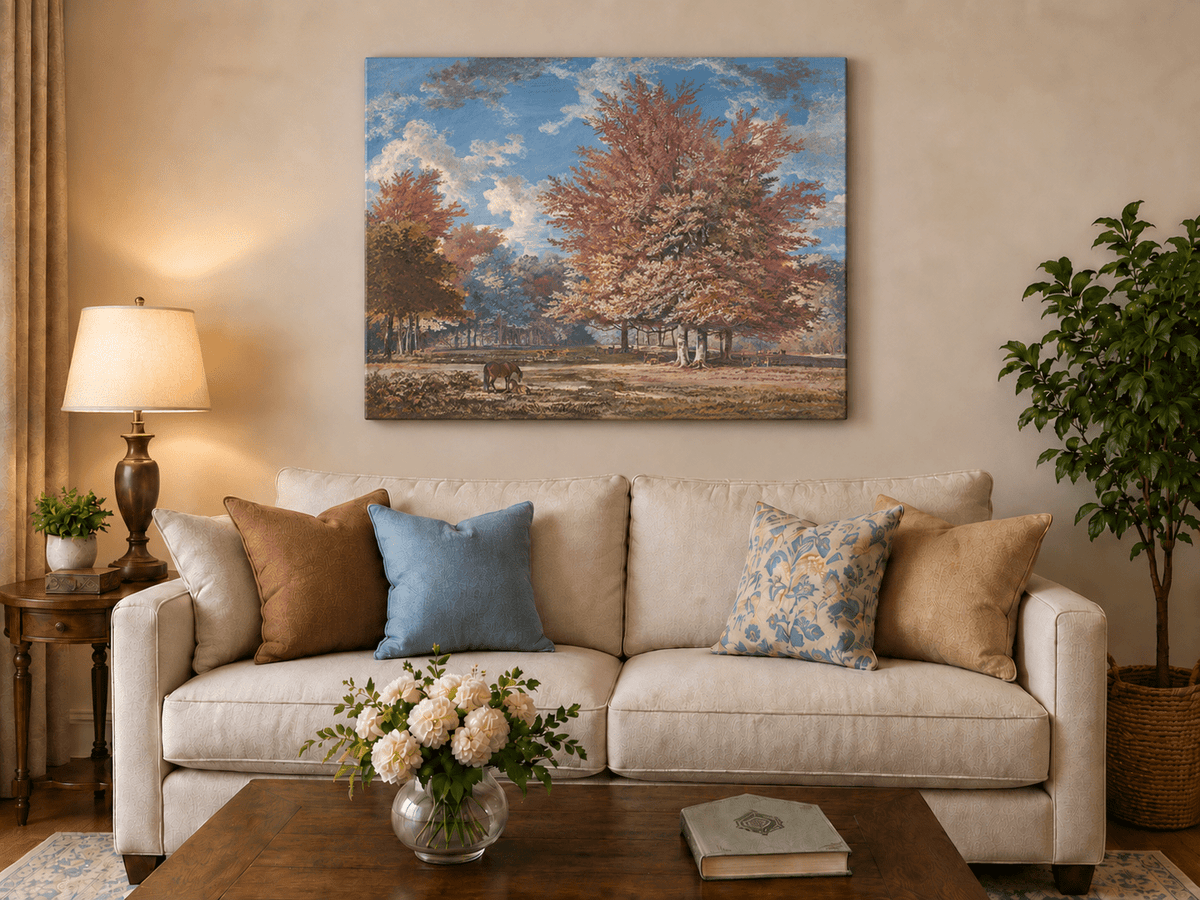 Hand-painted Autumn Forest Meadow with Horse landscape oil painting displayed as wall art in a styled interior