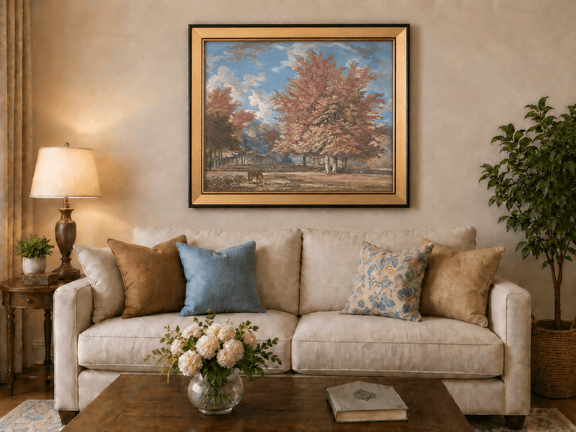 Hand-painted Autumn Forest Meadow with Horse landscape oil painting displayed as wall art in a styled interior