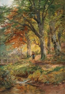 Landscape Oil Painting - Autumn Forest Path by the Stream - Oil Painting Haven