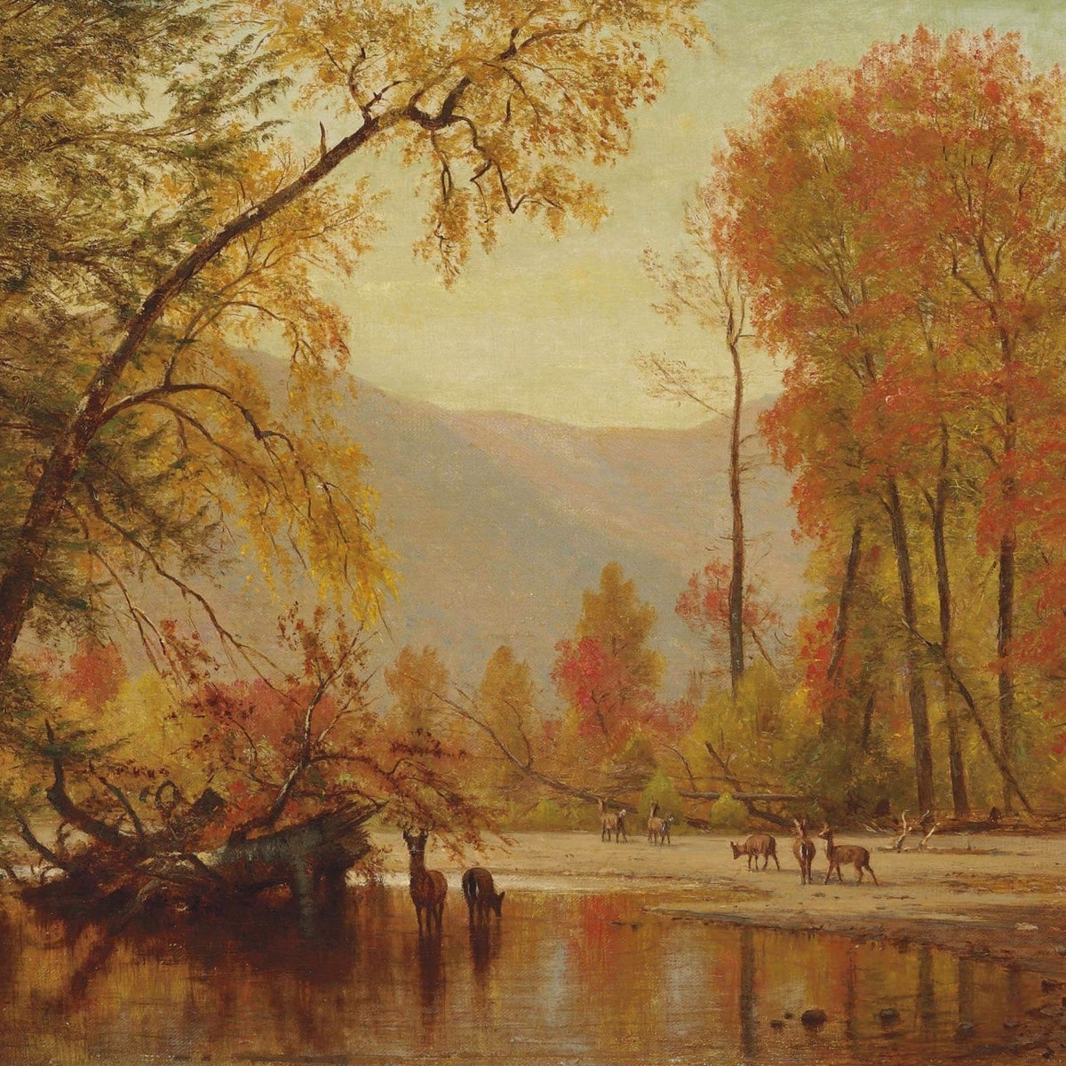 Hand-painted autumn forest river with deer view landscape oil painting on canvas