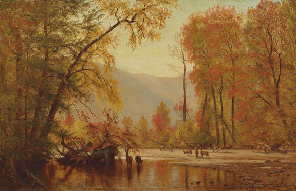 Hand-painted autumn forest river with deer view landscape oil painting on canvas