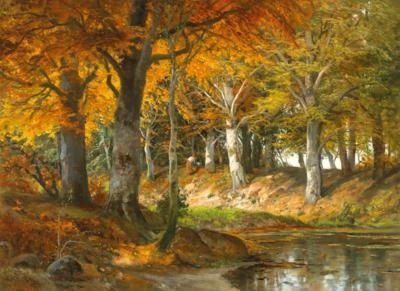 Landscape Oil Painting - Autumn Forest Stream in Golden Light - Oil Painting Haven