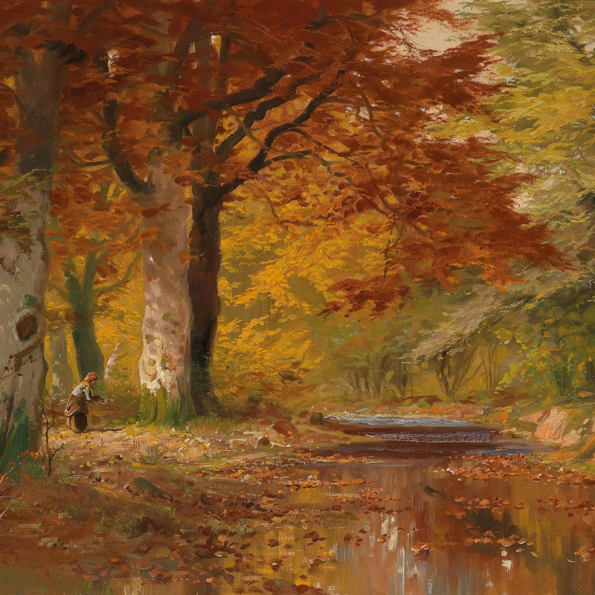 Landscape Oil Painting - Autumn forest stream & red - leaved trees - Oil Painting Haven