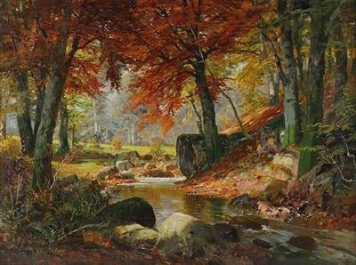 Landscape Oil Painting - Autumn Forest Stream with Mossy Boulders - Oil Painting Haven