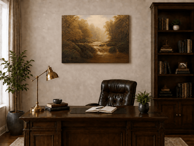 Peinture à l'huile de paysage - Ruisseau forestier d'automne avec des rochers moussus