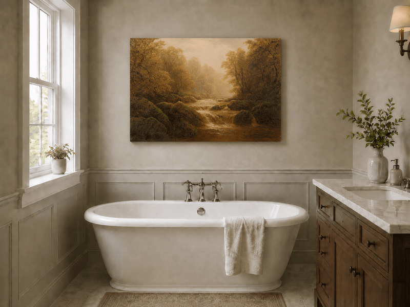 Peinture à l'huile de paysage - Ruisseau forestier d'automne avec des rochers moussus